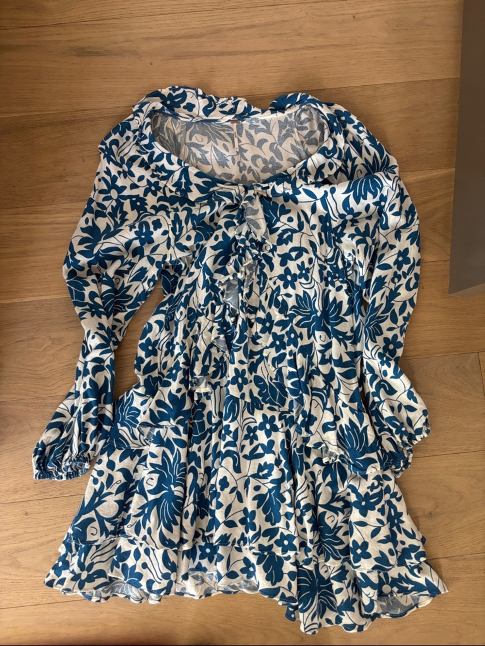 Free People Blue and White Floral Long Sleeve Mini Dress